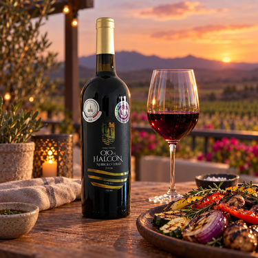 Botella de Ojo de Halcón 2016 entre viñedos de San Antonio de las Minas