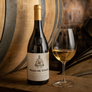 Botella de Pago de Otazu Chardonnay con Crianza frente a barricas