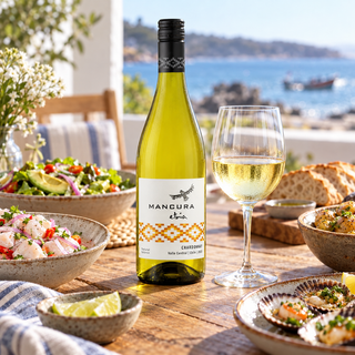 Botella de Mancura Etnia Chardonnay sobre una mesa con pescado y cítricos