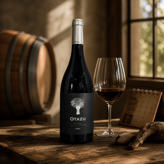 Botella de Bodega Otazu Reserva frente a barricas de madera