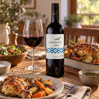 Botella de Mancura Etnia Merlot 2024 junto a una mesa informal con hamburguesa y hongos