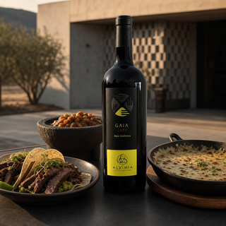Botella de Alximia Gaia sobre una mesa de arquitectura contemporánea con un plato de cordero y paisaje del Valle de Guadalupe