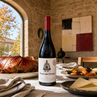 Botella de Pago de Otazu 2022 sobre una mesa con cordero y verduras frente al paisaje de Navarra