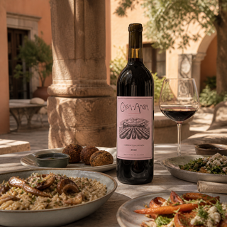Botella de Casa Anza Cabernet Sauvignon sobre una mesa con risotto, falafel y vegetales en un patio de San Miguel de Allende