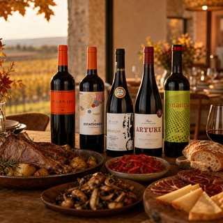 Cinco botellas del Club de Vinos de noviembre de 2025 en una mesa de otoño