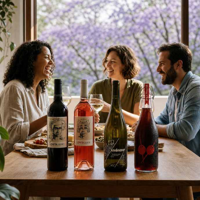 Cuatro vinos del Club de marzo de 2026 en una reunión primaveral entre jacarandas