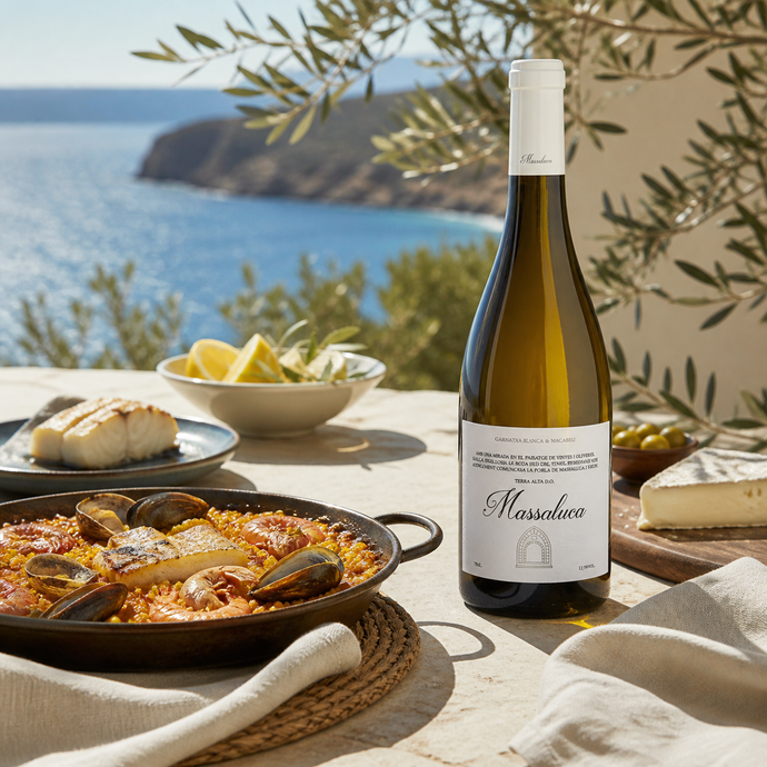 Massaluca Blanc 2023 servido con arroz de pescado, bacalao, marisco y queso suave en Terra Alta