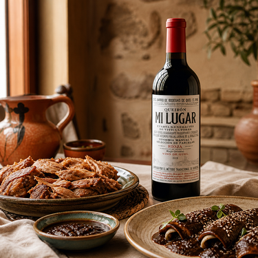 Queirón Mi Lugar 2019 con carnitas y enchiladas de mole en una mesa cálida