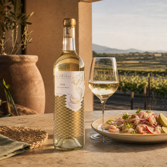 Canto de Sirenas Sauvignon Blanc servido con mariscos en una terraza entre viñedos mexicanos