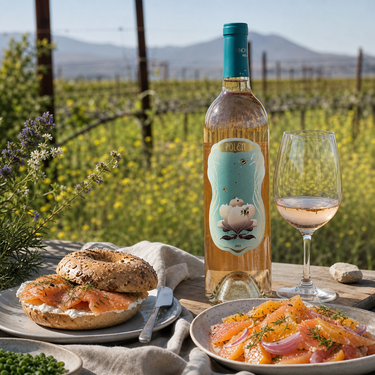 Carrodilla Polen 2023 servido con salmón y cítricos frente a un viñedo biodiverso del Valle de Guadalupe