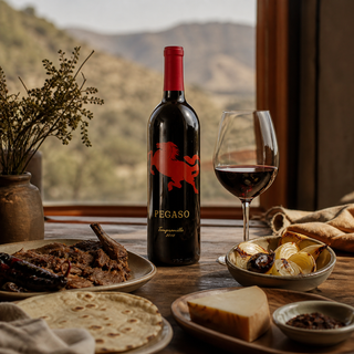 Encinillas Pegaso Tempranillo 2018 servido con barbacoa, cebollas asadas y queso en una sobremesa mexicana