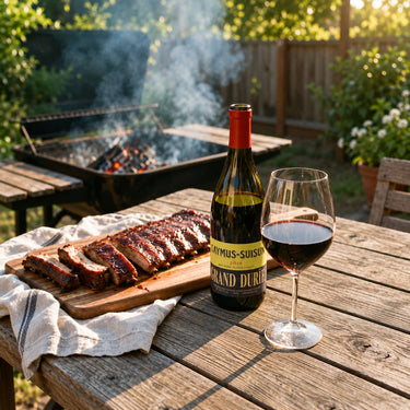 Caymus Suisun Grand Durif — lifestyle de parrilla cuadrado