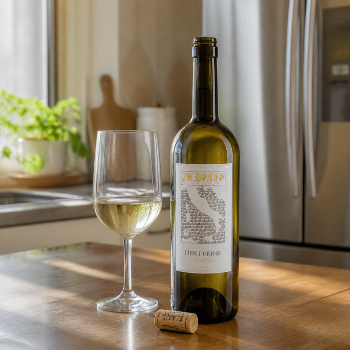 Botella abierta de Ziobaffa Pinot Grigio junto a una copa en una cocina