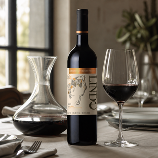 Vino tinto vertiéndose en un decantador junto a una botella de Don Leo Linde