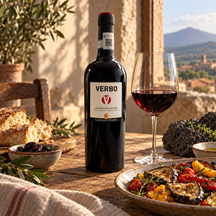 Botella de Verbo Aglianico del Vulture 2020 con paisaje volcánico al fondo