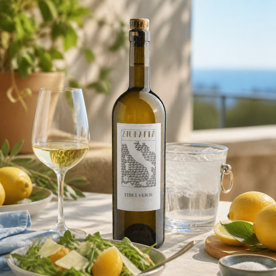 Botella de Ziobaffa Pinot Grigio enfriándose en una cubeta con hielo
