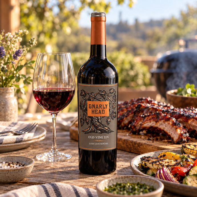 Botella de Gnarly Head Old Vine Zinfandel junto a sarmientos retorcidos