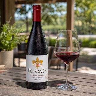 Botella de De Loach Pinot Noir ligeramente fría sobre una mesa de terraza
