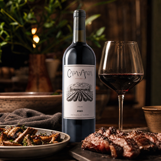 Copa y botella de Casa Anza Syrah sobre una mesa de madera