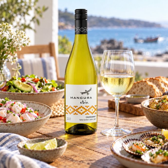Botella de Mancura Etnia Chardonnay sobre una mesa con pescado y cítricos