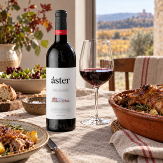 Botella de Áster Crianza 2020 frente a viñedos de Ribera del Duero