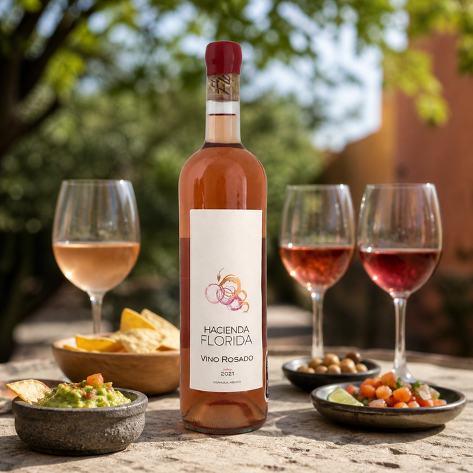 Botella de Hacienda Florida Rosado servida en una mesa al aire libre