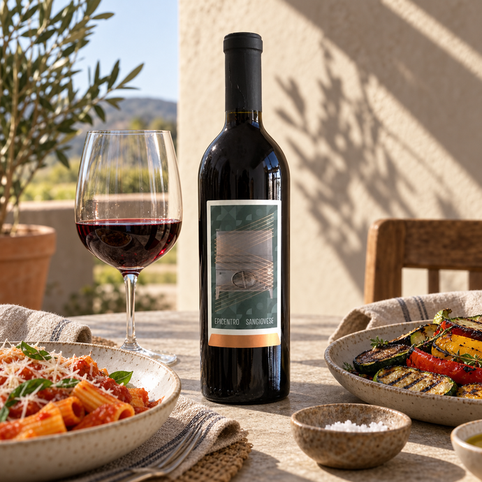 Botella de Epicentro Sangiovese junto a dos copas y platos de distinta intensidad