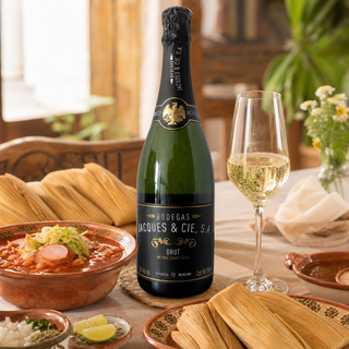 Botella de Jacques Brut con tamales y un plato de pozole