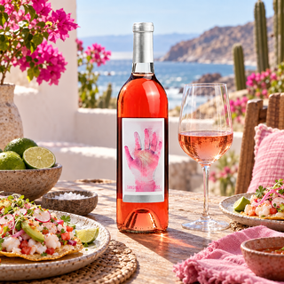 Botella de Epicentro Tangible Rosado 2023 con tostadas de atún y cítricos