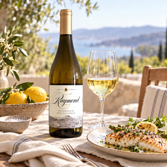 Botella de Raymond Family Classic Chardonnay 2023 en una mesa californiana con pescado