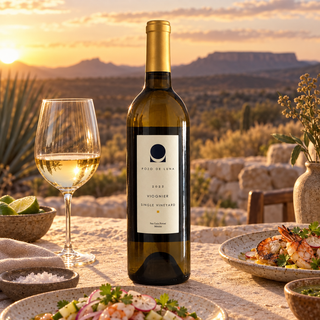 Botella de Pozo de Luna Viognier 2022 frente al paisaje de San Luis Potosí