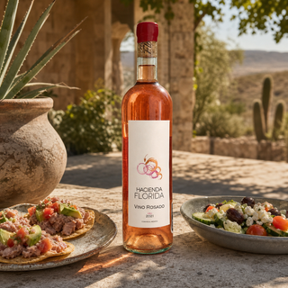 Hacienda Florida Rosado con tostadas de atún en una terraza del semidesierto de Coahuila