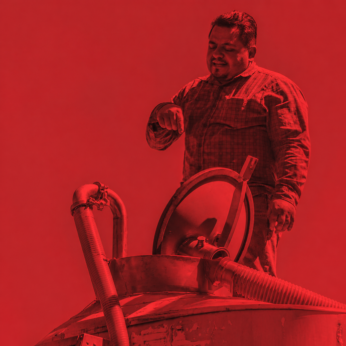 Luis Rodríguez Maldonado trabajando junto a un tanque de vinificación de ROLU