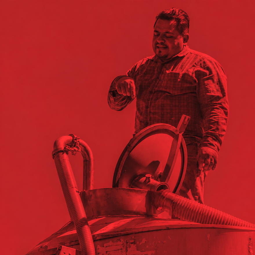 Luis Rodríguez Maldonado trabajando junto a un tanque de vinificación de ROLU