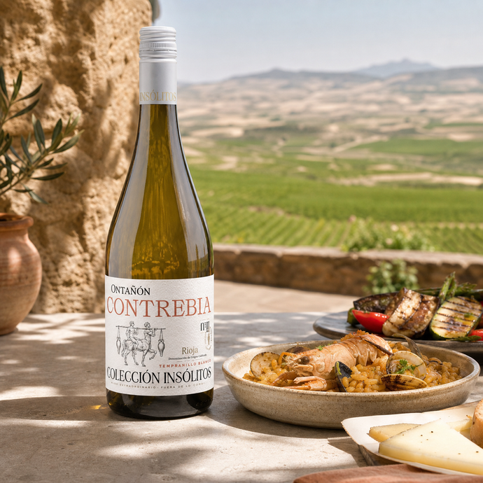 Ontañón Contrebia Tempranillo Blanco con arroz de mariscos en una terraza de Rioja