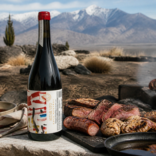 Altar Uco Edad Moderna 2021 servido con asado, mollejas y choripán frente a los Andes