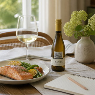 J. Lohr Chardonnay de media botella servido en una mesa doméstica con salmón, verduras y una libreta de cata