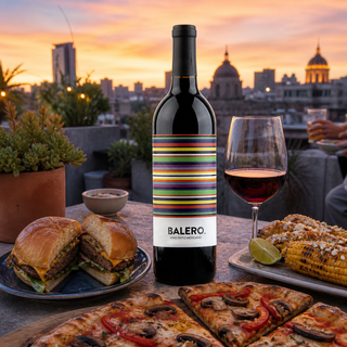 Balero Tinto servido con hamburguesa, pizza y elotes en una reunión casual al atardecer