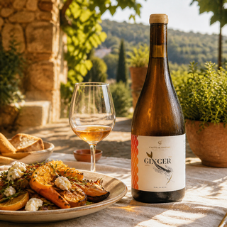 Canto de Sirenas Ginger servido con vegetales rostizados y queso en un jardín de Guanajuato