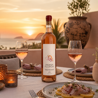 Hacienda Florida Rosado en una cena romántica de terraza con mariscos y cítricos