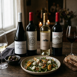 Massaluca, Fincas MX, Piatelli Torrontés y Zorzal Malbec en una mesa rústica