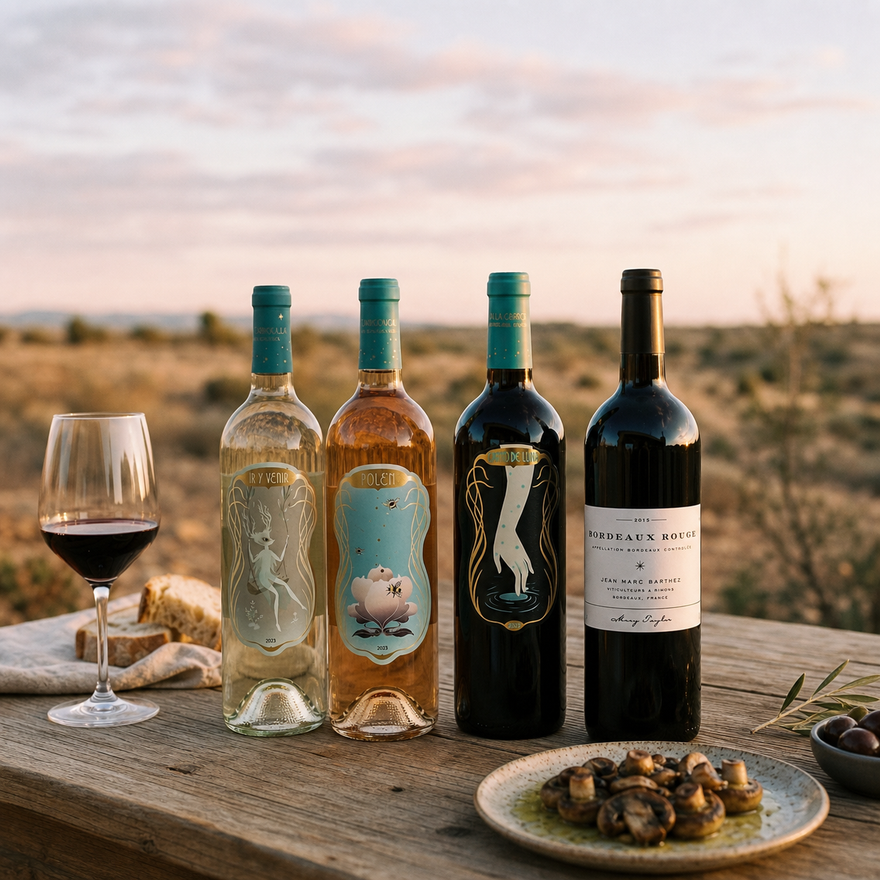 Cuatro vinos del Club de mayo de 2026 en una mesa al atardecer en el Valle de Guadalupe