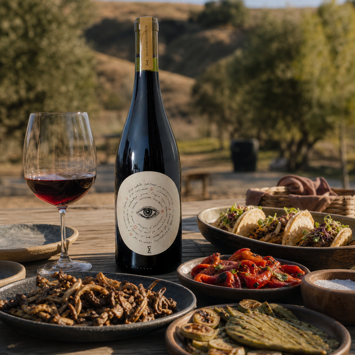 Fincas MX Tinto Natural servido con tacos, hongos y vegetales al fuego en Baja California