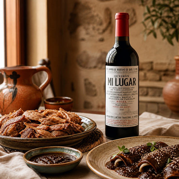 Queirón Mi Lugar 2019 con carnitas y enchiladas de mole en una mesa cálida
