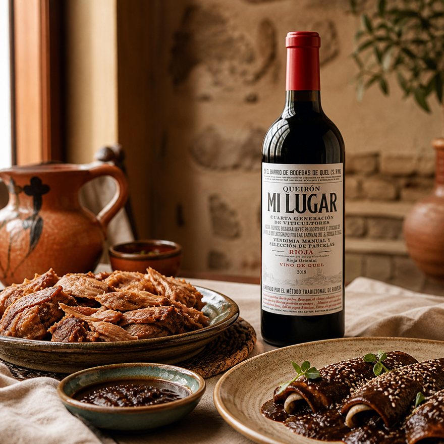 Queirón Mi Lugar 2019 con carnitas y enchiladas de mole en una mesa cálida