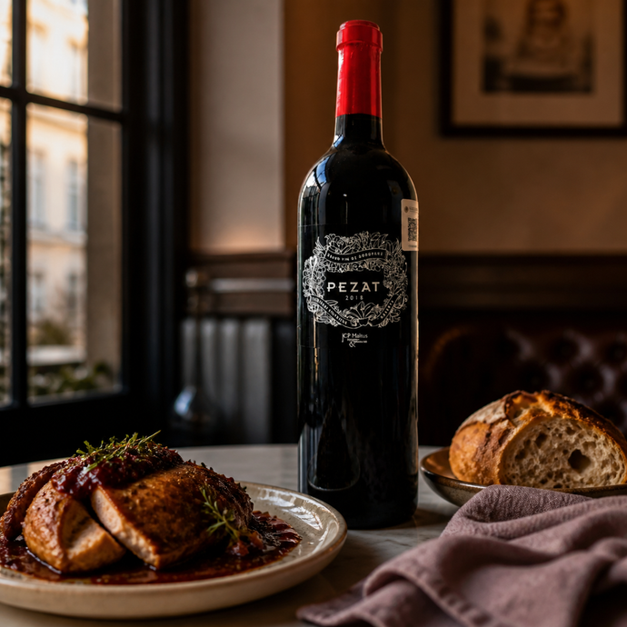 Pezat Réserve 2018 servido en un bistró con pollo asado y salsa de chiles