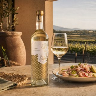 Canto de Sirenas Sauvignon Blanc servido con mariscos en una terraza entre viñedos mexicanos