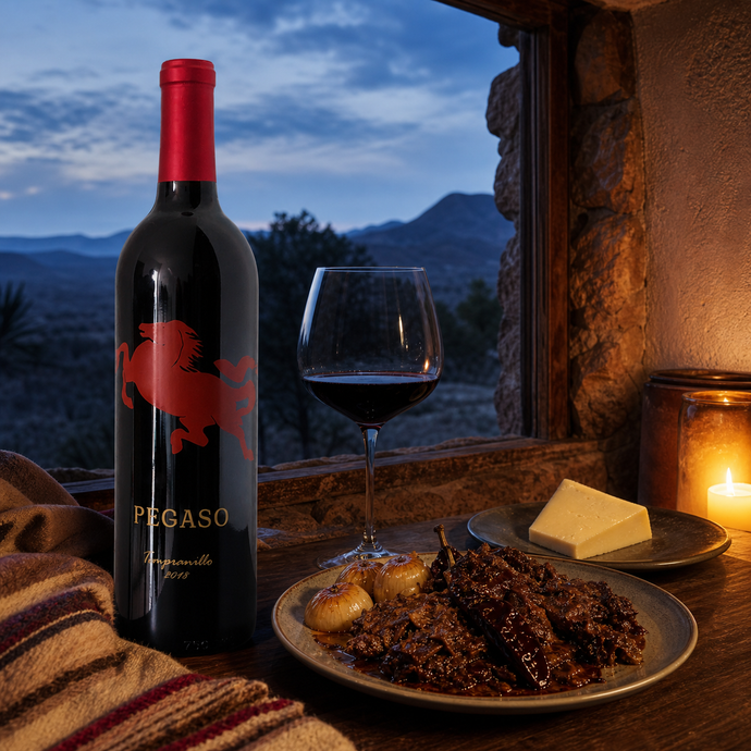 Encinillas Pegaso Tempranillo servido con carne y queso en una cena del norte de Chihuahua
