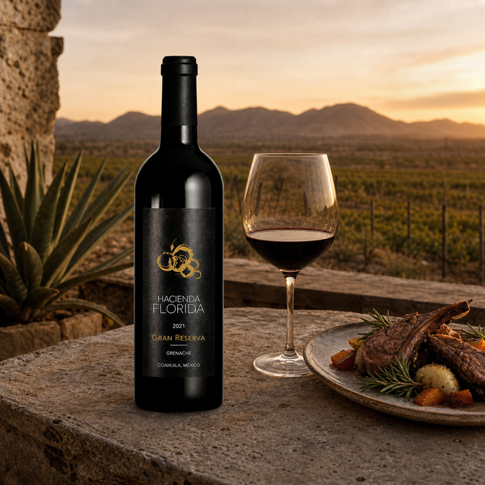 Hacienda Florida Gran Reserva Grenache en una mesa de consumo frente al paisaje semidesértico de Coahuila