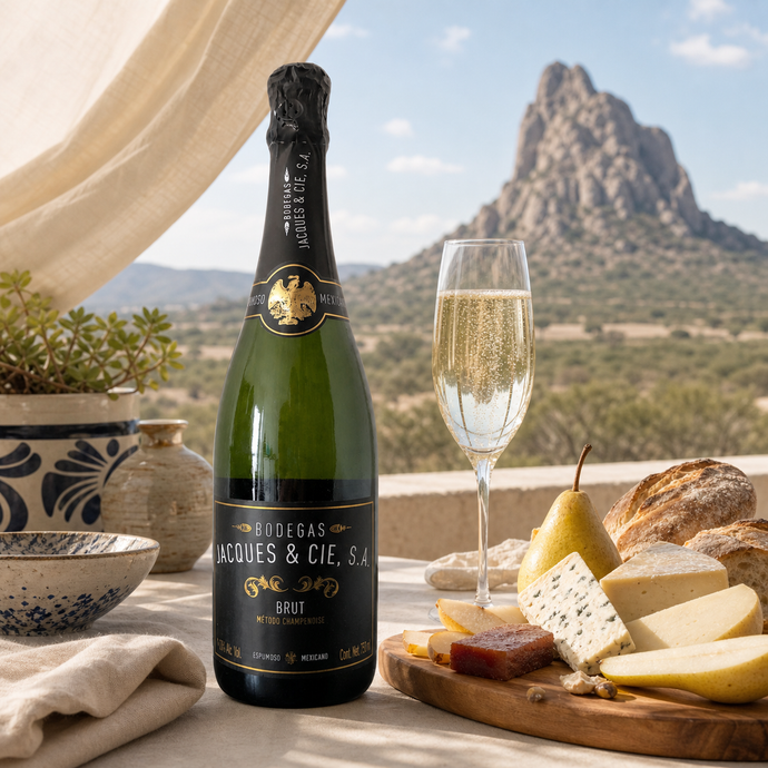Espumoso Jacques Brut servido con quesos en una terraza del semidesierto queretano